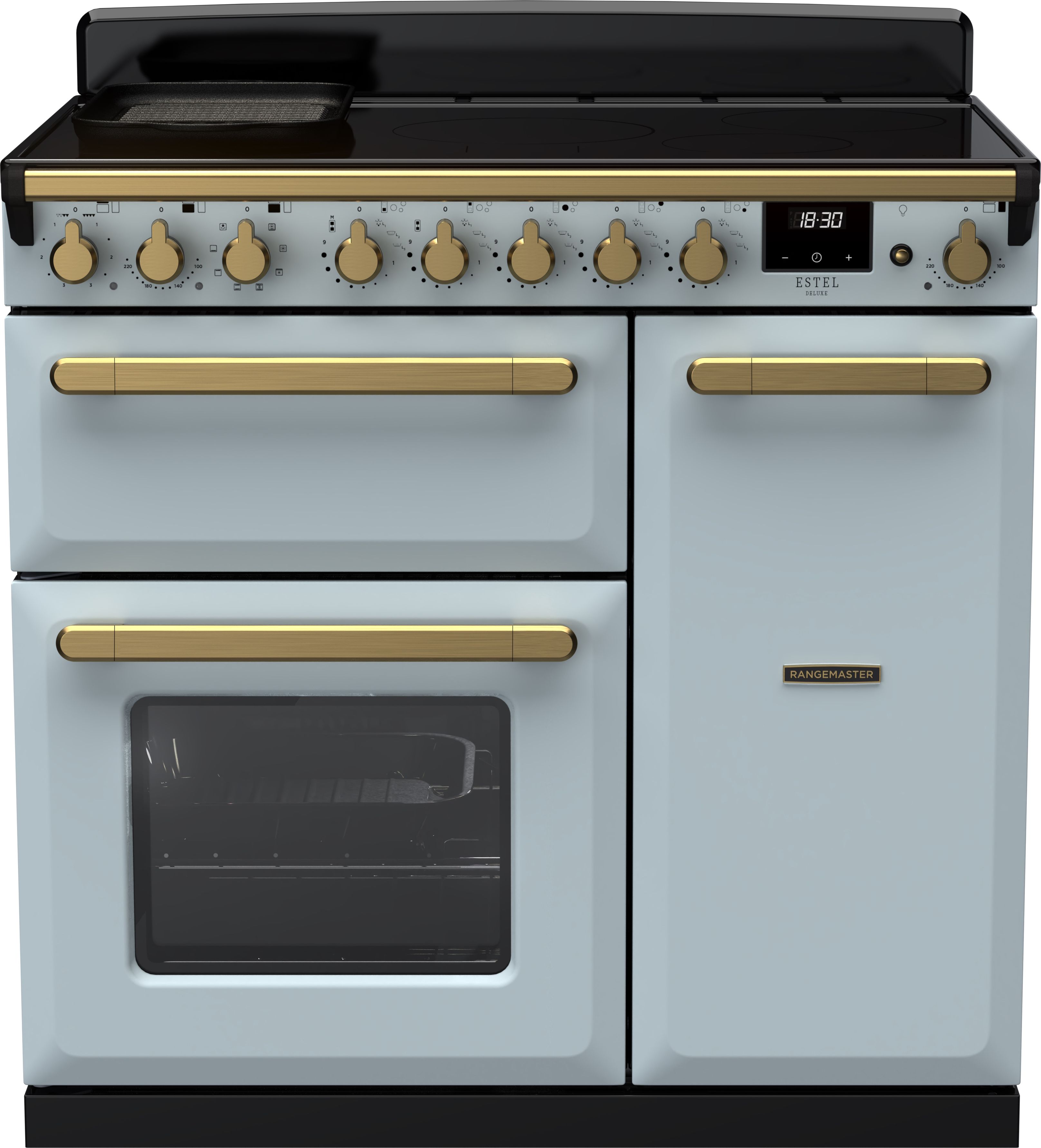 Image of Rangemaster Estel Deluxe ESDL90EIPMSB/AB1 90cm wide Electric Range Cooker with Induction Hob - Misty Blue / Antique Brass - A/A Rated, Blue