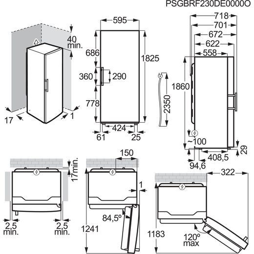 AEG Frost Free Upright Freezer - Black - Annotation - Dimensions shot
