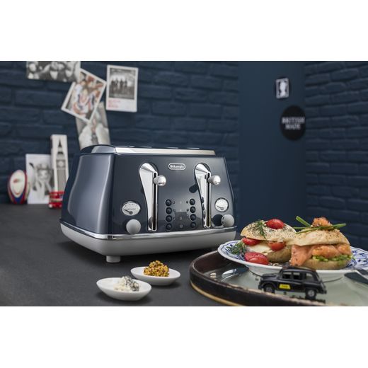 De'Longhi Icona Capitals CTOC4003.BL 4 Slice Toaster - Blue - Toaster on table shot 