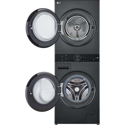 LG WashTower™ AI Direct Drive™ WT1210BBTN1 Wifi Connected 12Kg / 10Kg Heat Pump Washer Dryer with 1400 rpm - Platinum Black - front with door open shot
