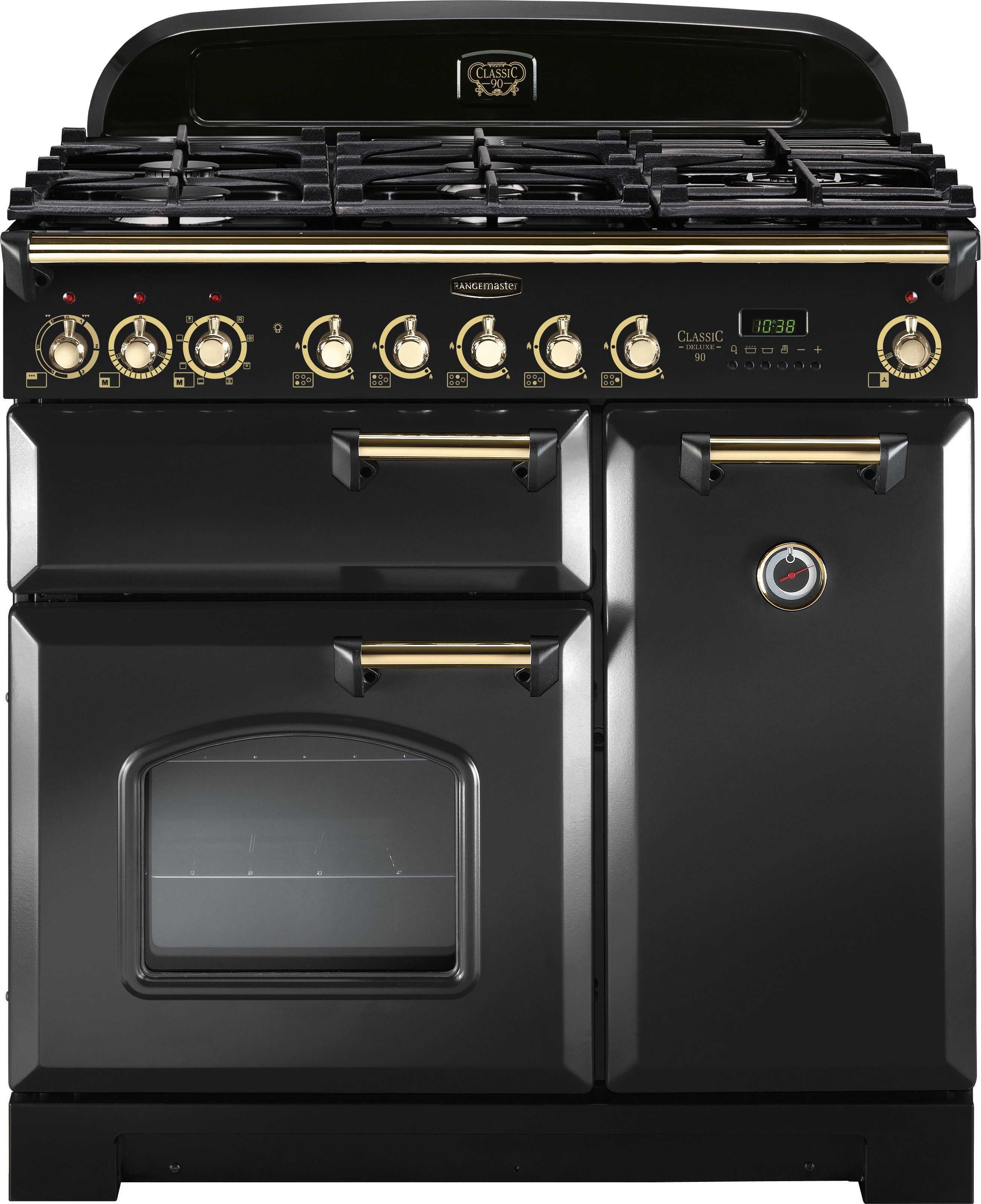 Rangemaster Classic Deluxe CDL90DFFCB/B 90cm Dual Fuel Range Cooker - Charcoal Black / Brass - A/A Rated, Black