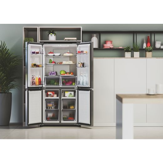 Hoover American Fridge Freezer - Inox - Fridge freezer in kitchen with door open and food inside shot