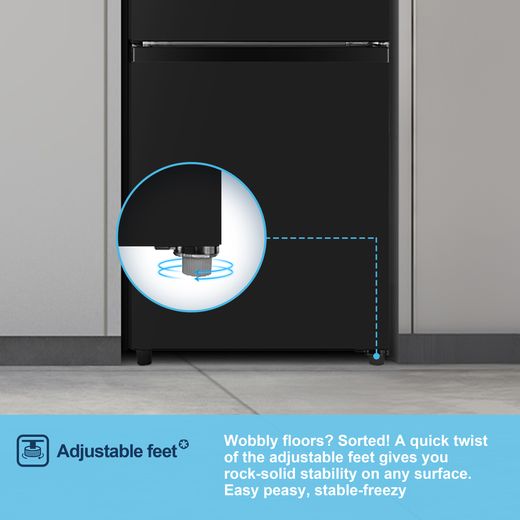 Fridgemaster MC50165EB 143cm 60/40 Small Fridge Freezer - Black - Annotation - Adjustable feet shot