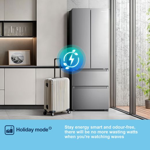 Fridgemaster American Fridge Freezer - Silver - Annotation - Holiday mode shot
