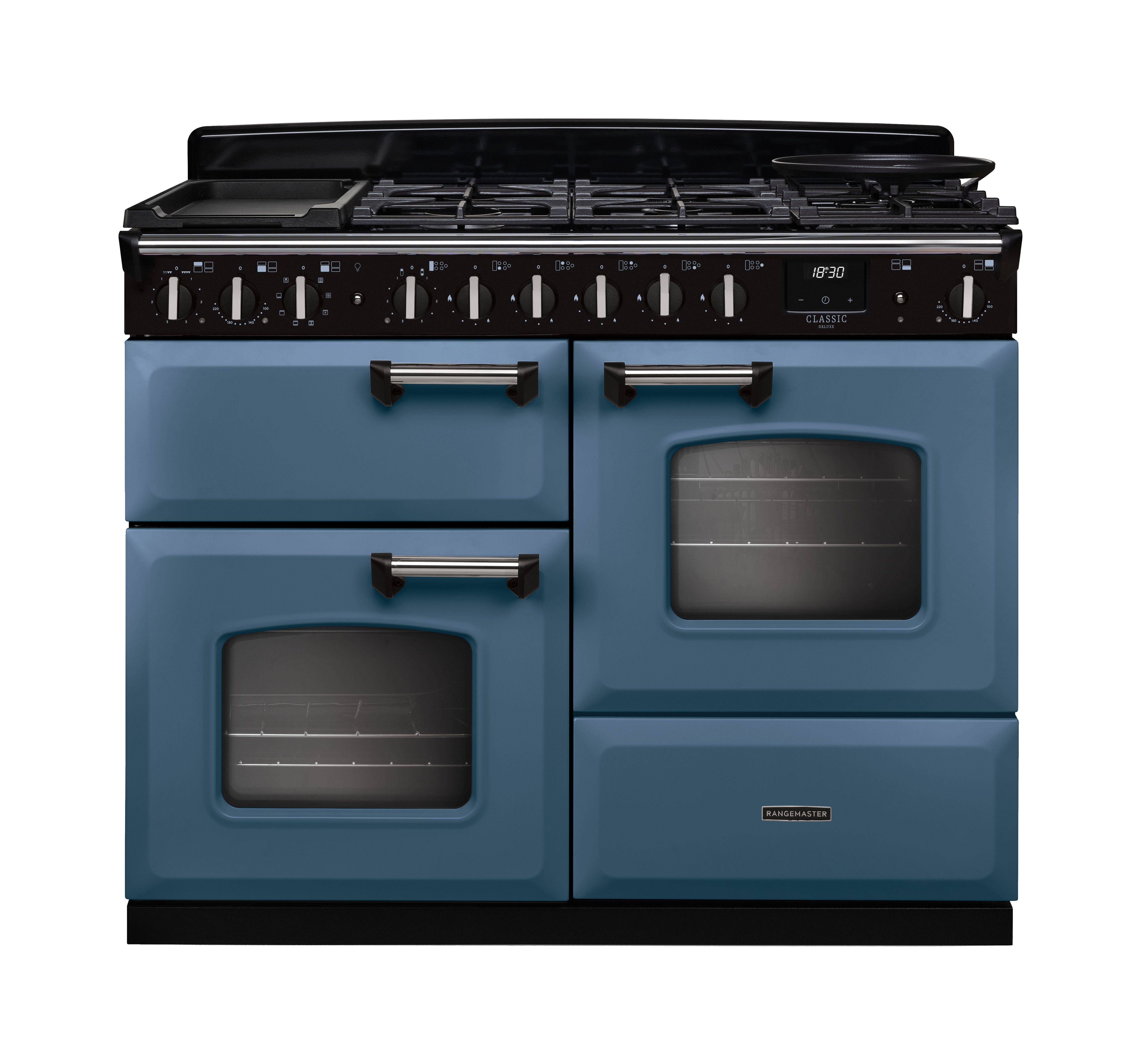 Image of Rangemaster Classic Deluxe 110 CLDLO110DFPSTB/CM1 110cm wide Dual Fuel Range Cooker with Gas Hob - Stone Blue / Chrome - A Rated, Blue