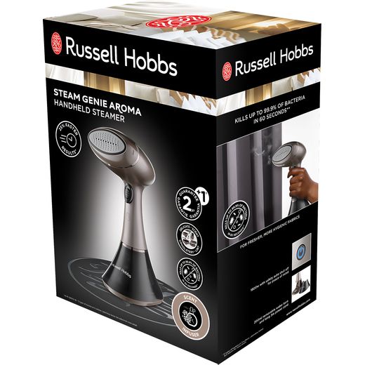 Russell Hobbs Steam Genie Aroma 28040 Handheld Garment Steamer - Grey - left box perpsective shot