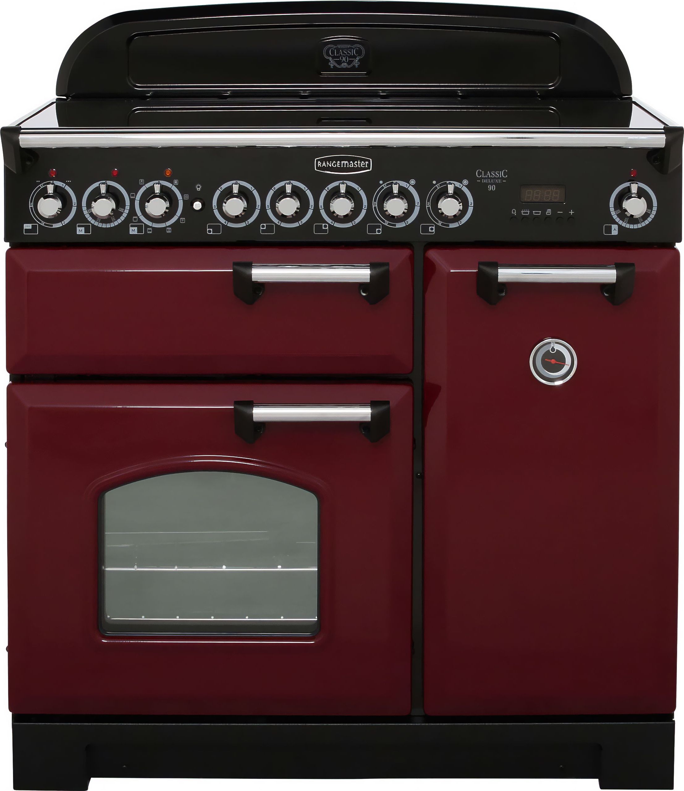 Rangemaster Classic Deluxe CDL90ECCY/B 90cm Electric Range Cooker with Ceramic Hob - Cranberry / Brass - A/A Rated, Red