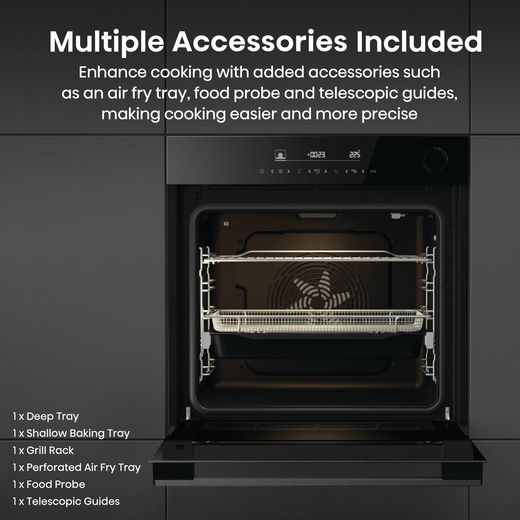 Hisense Hi6 BlackLine BSA66346ADBGUK Wifi Connected Built In Electric Single Oven - Jet Black - Annotation - Multiple accessories shot