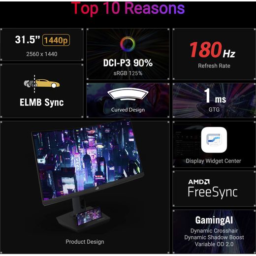 ASUS ROG Strix XG32WCS Quad HD 31.5" Gaming Monitor with AMD FreeSync - Black - Annotation - Features shot
