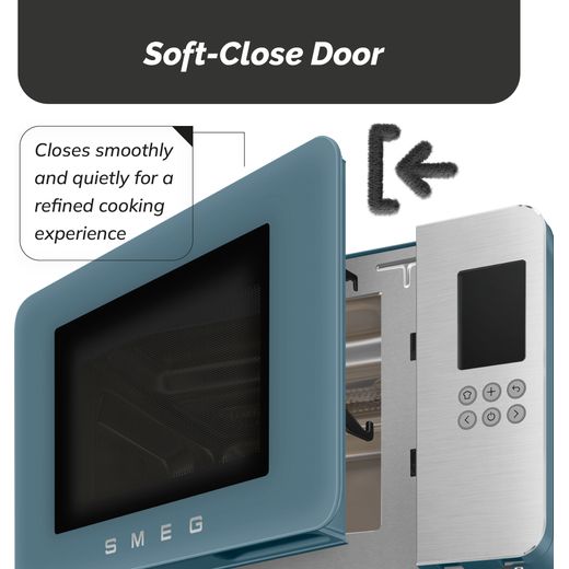 Smeg Collezione MOC01SBMUK 26 Litre 30cm High, Freestanding Small Microwave With Grill - Storm Blue - annotation - soft closing door