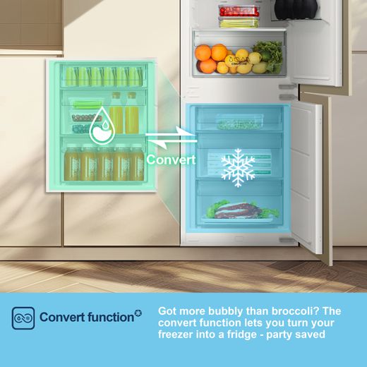 Fridgemaster MBC55252NE 177cm 70/30 Integrated No Frost Fridge Freezer with Sliding Door Fixing Kit - White - Annotation - Convert function
