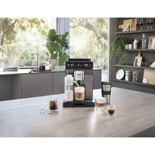 De'Longhi Eletta Explore ECAM450.86.T Bean to Cup Coffee Machine - Black - Coffee machine and mugs on kitchen counter shot