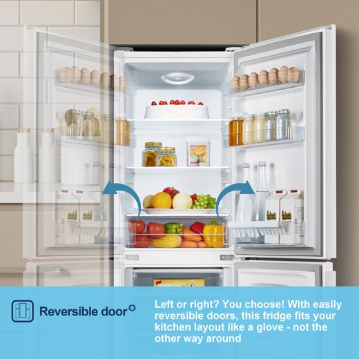 Fridgemaster MC50165E 143cm 60/40 Small Fridge Freezer - White - Annotation - Reversable door shot