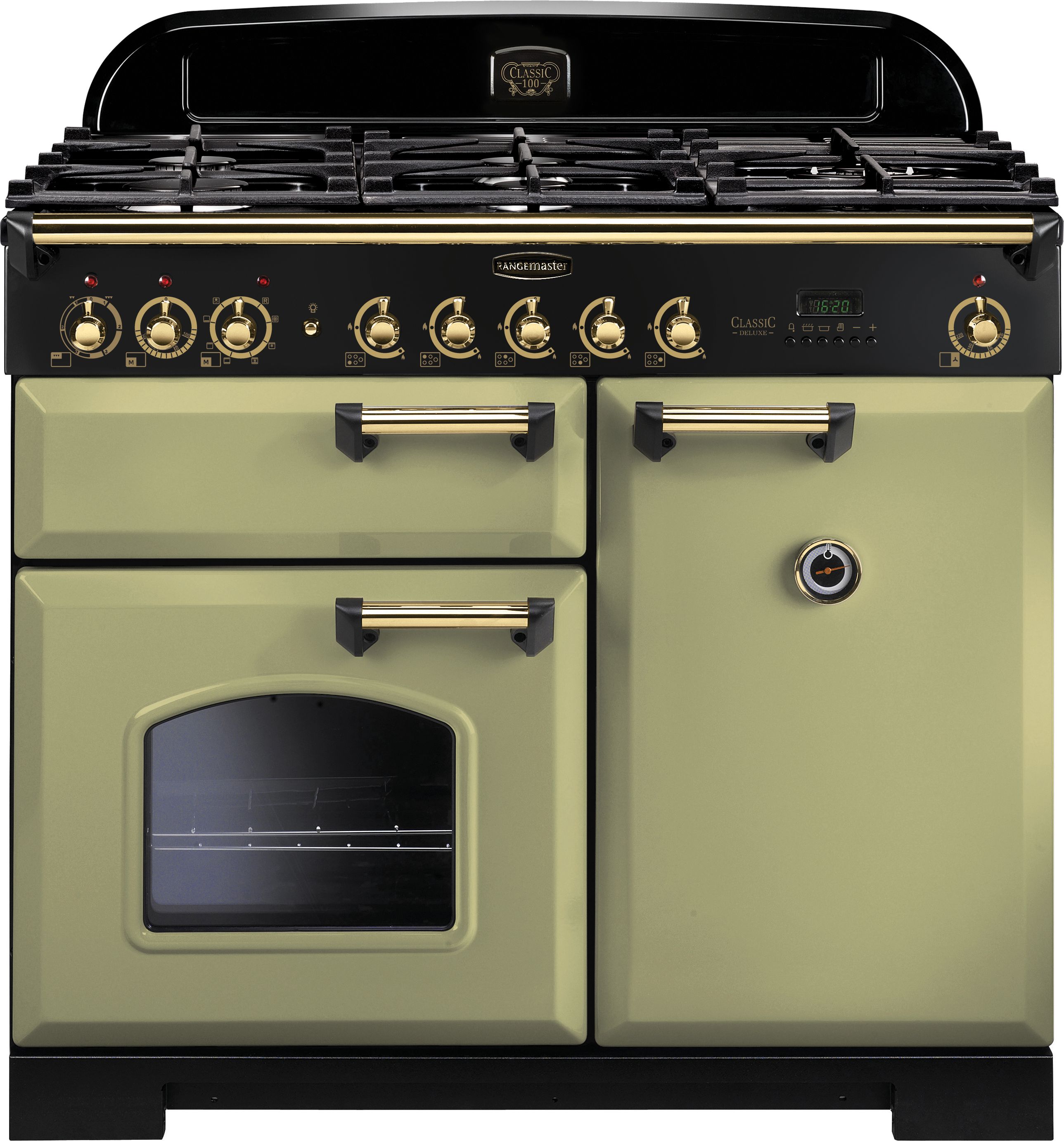 Rangemaster Classic Deluxe CDL100DFFOG/B 100cm Dual Fuel Range Cooker - Olive Green / Brass - A/A Rated, Green