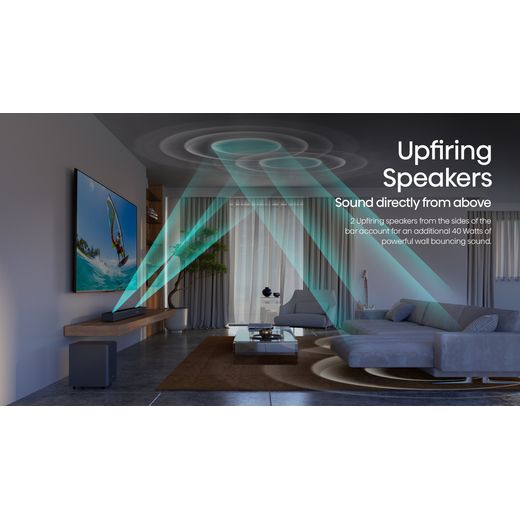 Hisense AX5125H 5.1.2Ch Sound Bar with Wireless Subwoofer, 500W, Dolby Atmos - Annotation - Upfiring speakers