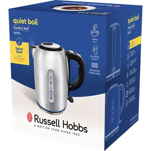 Russell Hobbs Quiet Boil 20460 Kettle - Stainless Steel - Left box perpsective shot