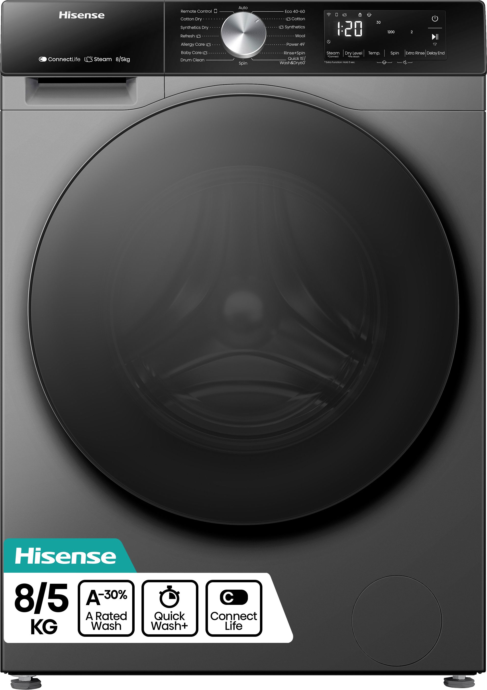 Image of Hisense 3S Series WD3S8043BT3 Wifi Connected 8Kg/5Kg Washer Dryer with 1400 rpm - Titanium - D Rated [Wash&Dry], A Rated [Wash Only], Titanium