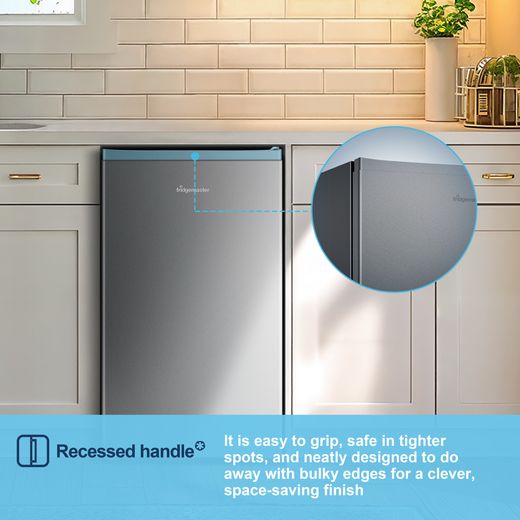 Fridgemaster MUR4894ES Compact 84cm Fridge with Ice Box - Stainless Steel - Annotation - Recessed handle shot