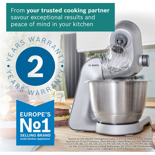 Bosch CreationLine 7 in 1 MUM59340GB Stand Mixer with 3.9 Litre Bowl - Silver - Annotation -warranty shot