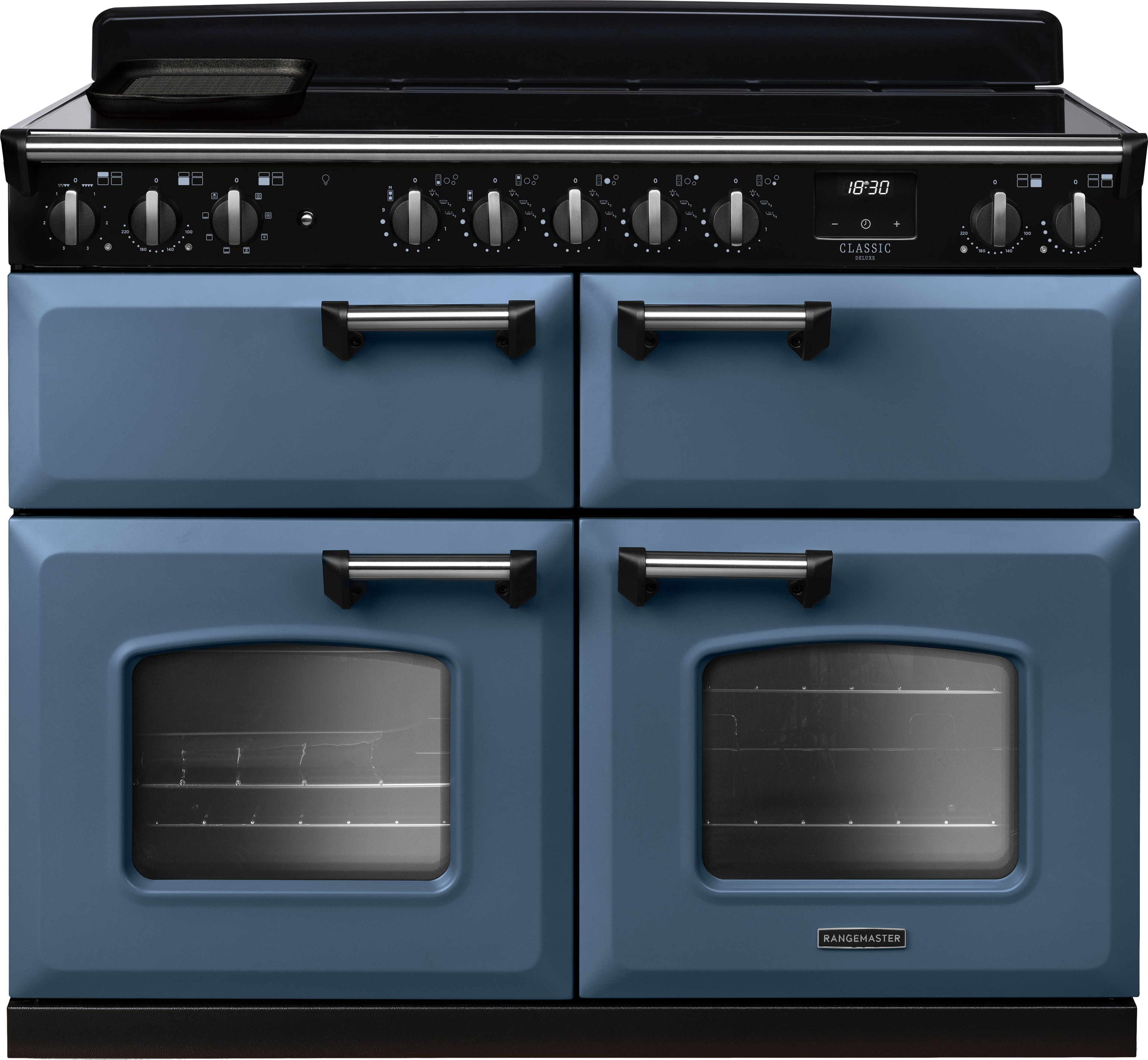 Image of Rangemaster Classic Deluxe BC CLDLB110EIPSTB/CM1 110cm wide Electric Range Cooker with Induction Hob - Stone Blue / Chrome - A/A Rated, Blue