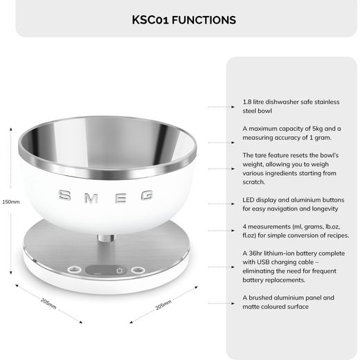 Smeg KSC01WHMWW Kitchen Scales Sea Salt - Annotation - Functions and features