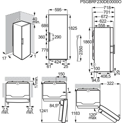 AEG 7000 Series Frost Free Upright Freezer - White - Dimensions