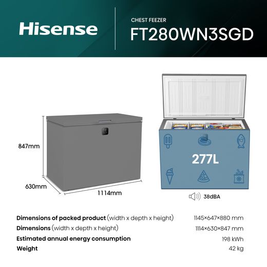 Hisense FT280WN3SGD Total No Frost Chest Freezer - Silver - annotation - dimension shot 