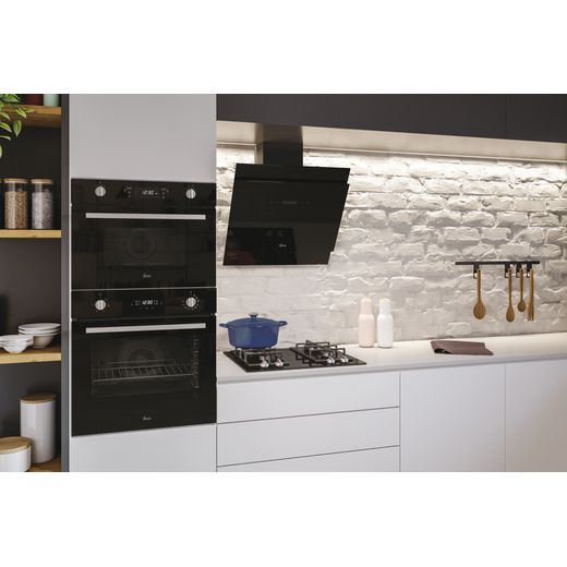 Hoover HDG6DCH3B Ceiling Cooker Hood Black Glass - lifestyle - left angled shot of cooker hood in kitchen above hob