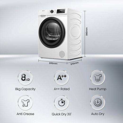 Hisense DH1Q802BW2 8Kg Heat Pump Tumble Dryer - White - Annotation - feature shot