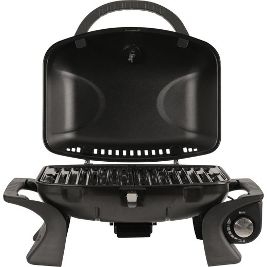 George Foreman Portable Gas Barbeque - Black - Front with lid open shot