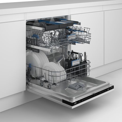 Beko Integrated Standard Dishwasher - Black - Door open and racks out in kitchen