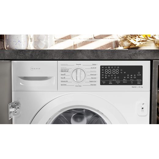 NEFF V8540X0GB Integrated 8Kg / 5Kg Washer Dryer with 1400 rpm - White - control panel in kitchen shot 