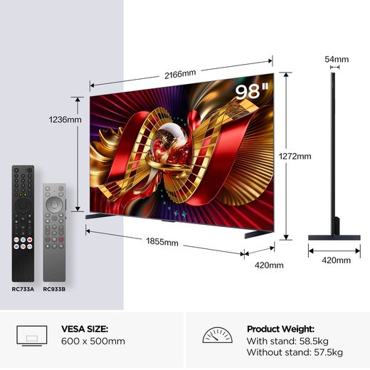 TCL 98" 4K Ultra HD SQD-Mini LED Smart Google TV [2026] - 98C8L-UK - Dimensions