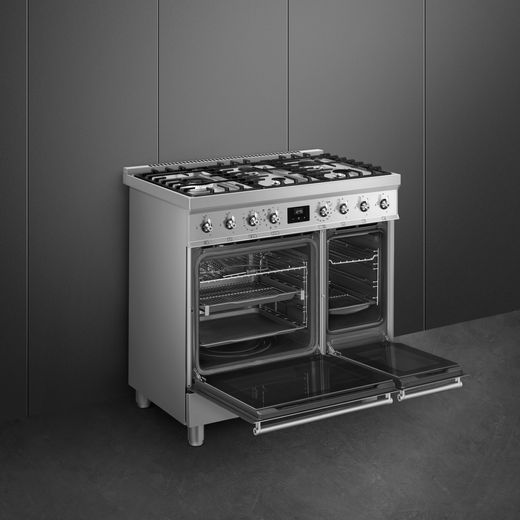 Smeg Symphony 90cm Dual Fuel Range Cooker - Stainless Steel - Doors open in grey room