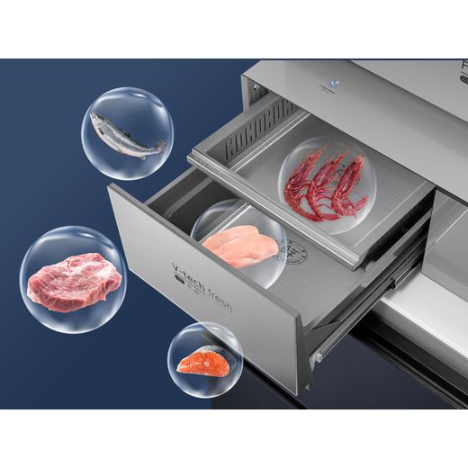 Midea Insta Fit Master American Fridge Freezer - Midnight Glass - Food in drawer shot
