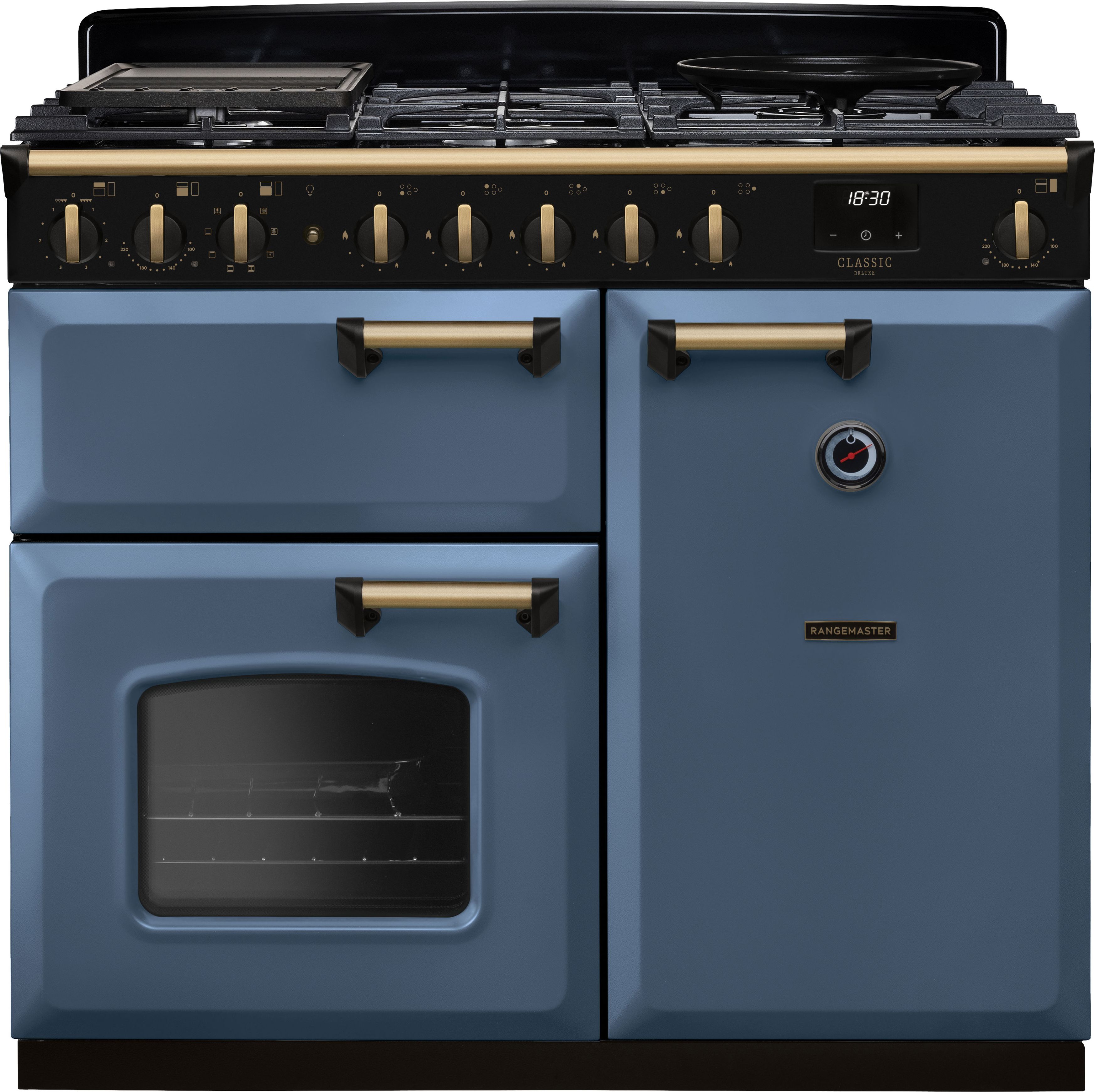 Image of Rangemaster Classic Deluxe 100 Dual Fuel CLDL100DFPSTB/AB1 100cm wide Dual Fuel Range Cooker with Gas Hob - Stone Blue / Antique Brass - A Rated, Blue