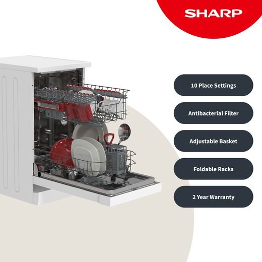 Sharp Slimline Dishwasher - White - Annotation - Features