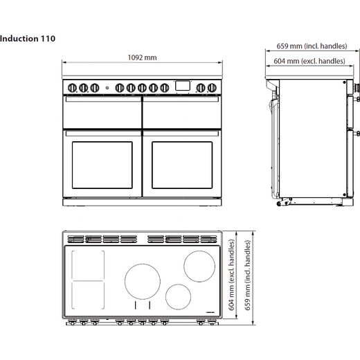 Rangemaster Estel Deluxe Electric Range Cooker with Zone induction hob Hob - Slate / Antique Brass - Annotation - Dimension shot