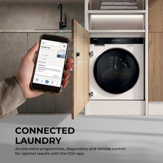 Haier Series 8 HWDB10B14858U1UK Wifi Connected Integrated 10Kg / 6Kg Washer Dryer with 1400 rpm - White - Annotation - connected shot