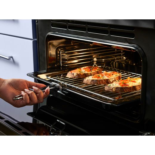 Belling FARMHOUSE 100DF Dual Fuel Range Cooker - Black / Antique Brass - Grilled food on rack