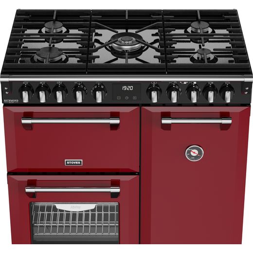Stoves Richmond DX 90DF 90cm Dual Fuel Range Cooker - Garnet Red - High front perpsective shot 
