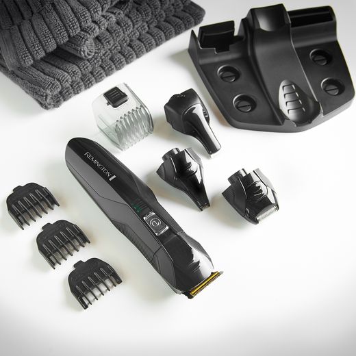 Remington PG6020 Multi Groomer - Black - Groomer next to attachments