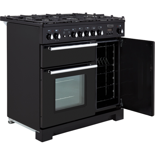 Rangemaster Toledo + 90cm Dual Fuel Range Cooker - Black / Chrome - Right door open