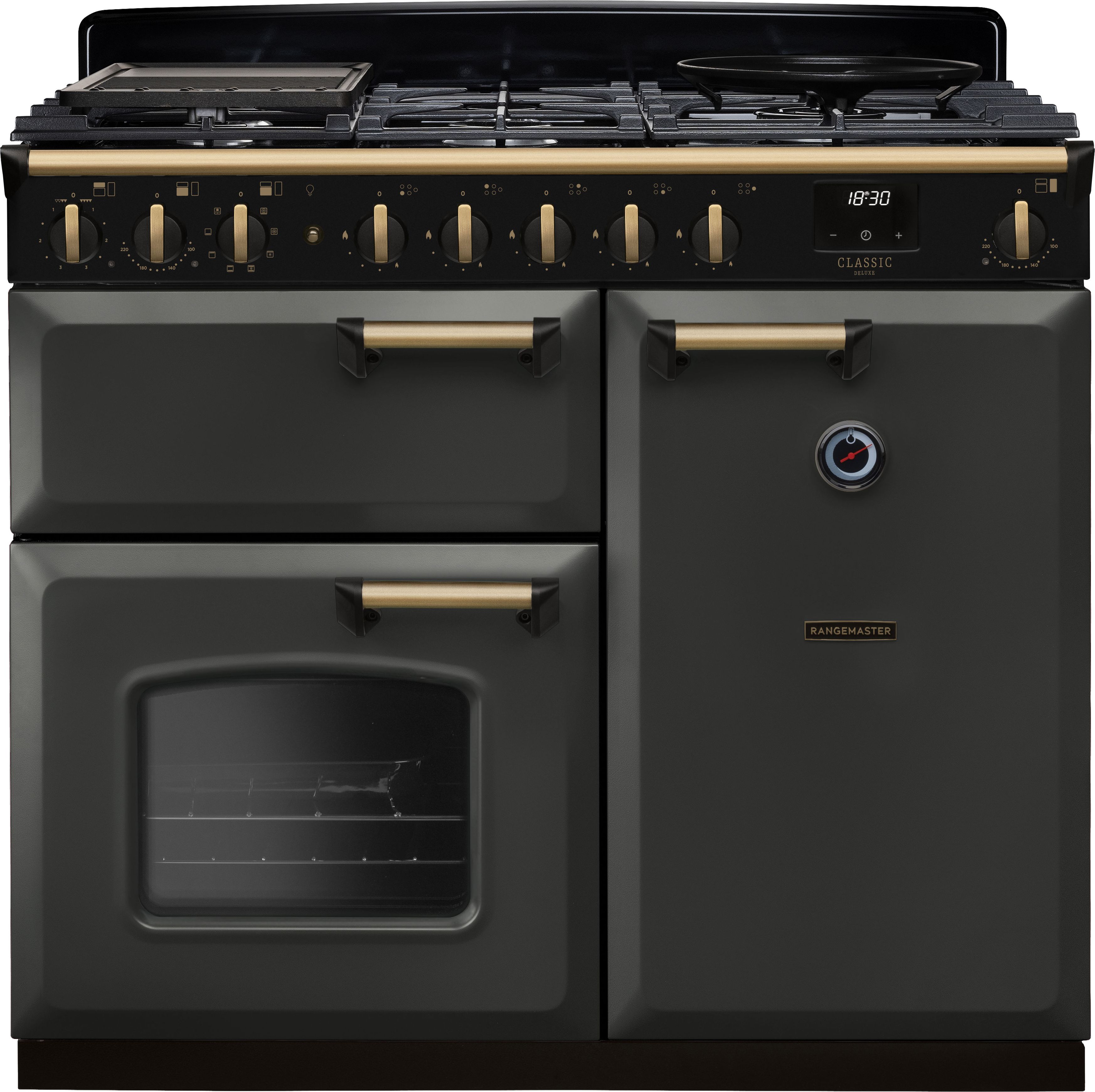 Image of Rangemaster Classic Deluxe 100 Dual Fuel CLDL100DFPSLT/AB1 100cm wide Dual Fuel Range Cooker with Gas Hob - Slate / Antique Brass - A Rated, Grey