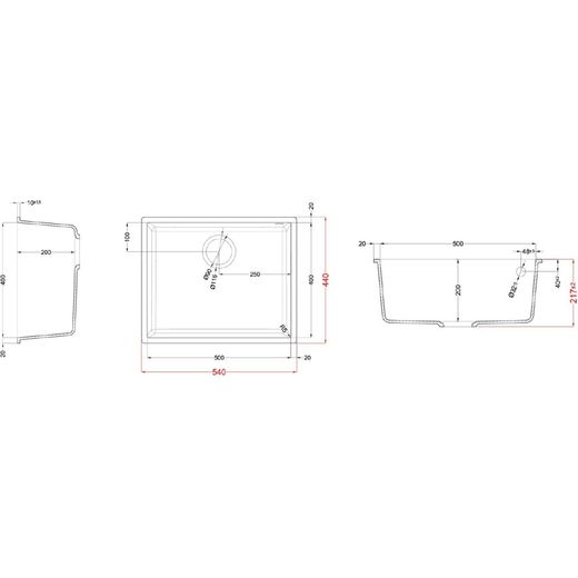 Rangemaster Oridian 1 Bowl Undermount Kitchen Sink - Charcoal - annotation - dimension shot 