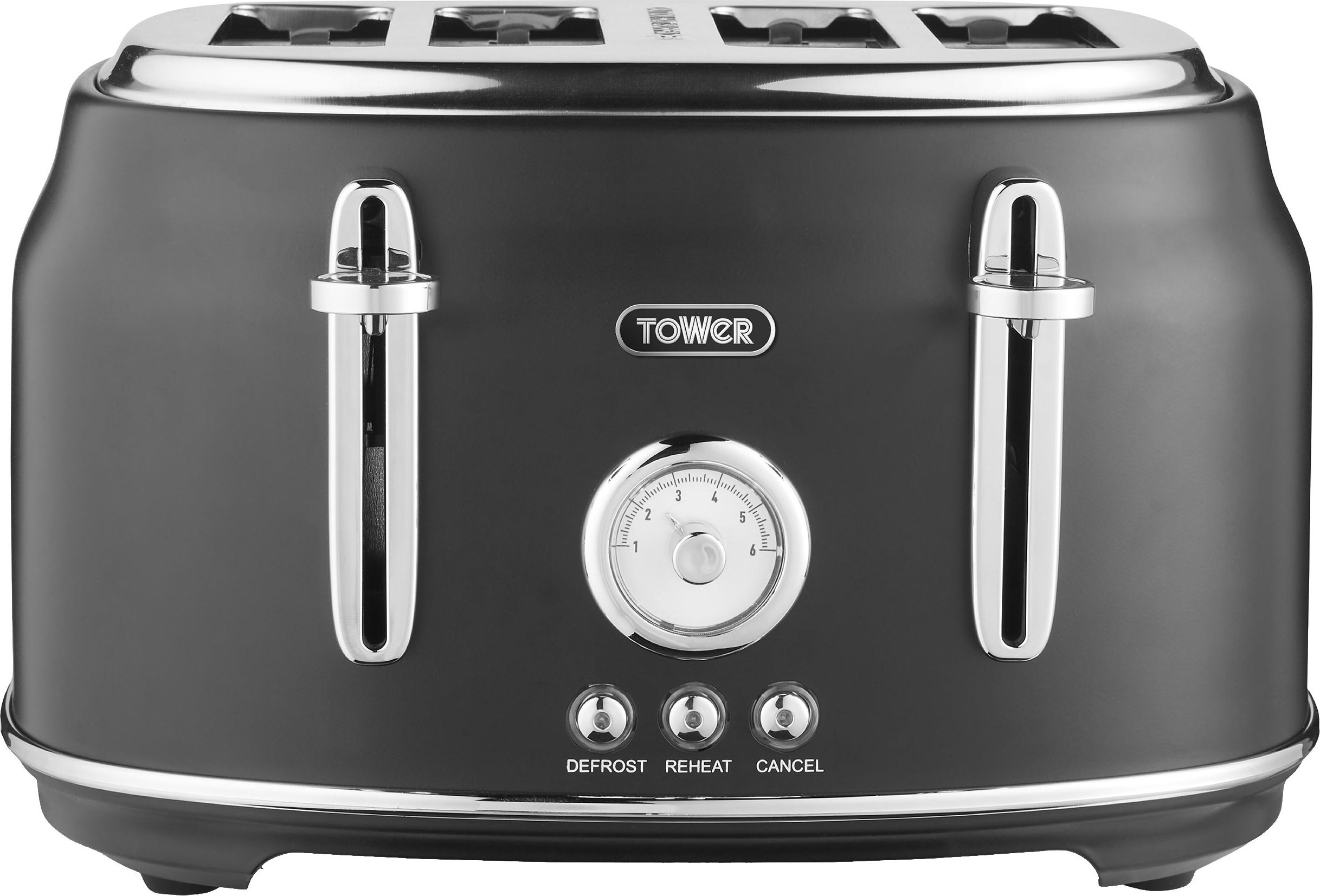 Tower 4 Slice Toaster - Black - Reheat, Defrost Functions