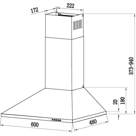 Candy CCE60NN 60cm Chimney Cooker Hood for Ducted/Recirculating Ventilation - Black - annotation - dimension shot