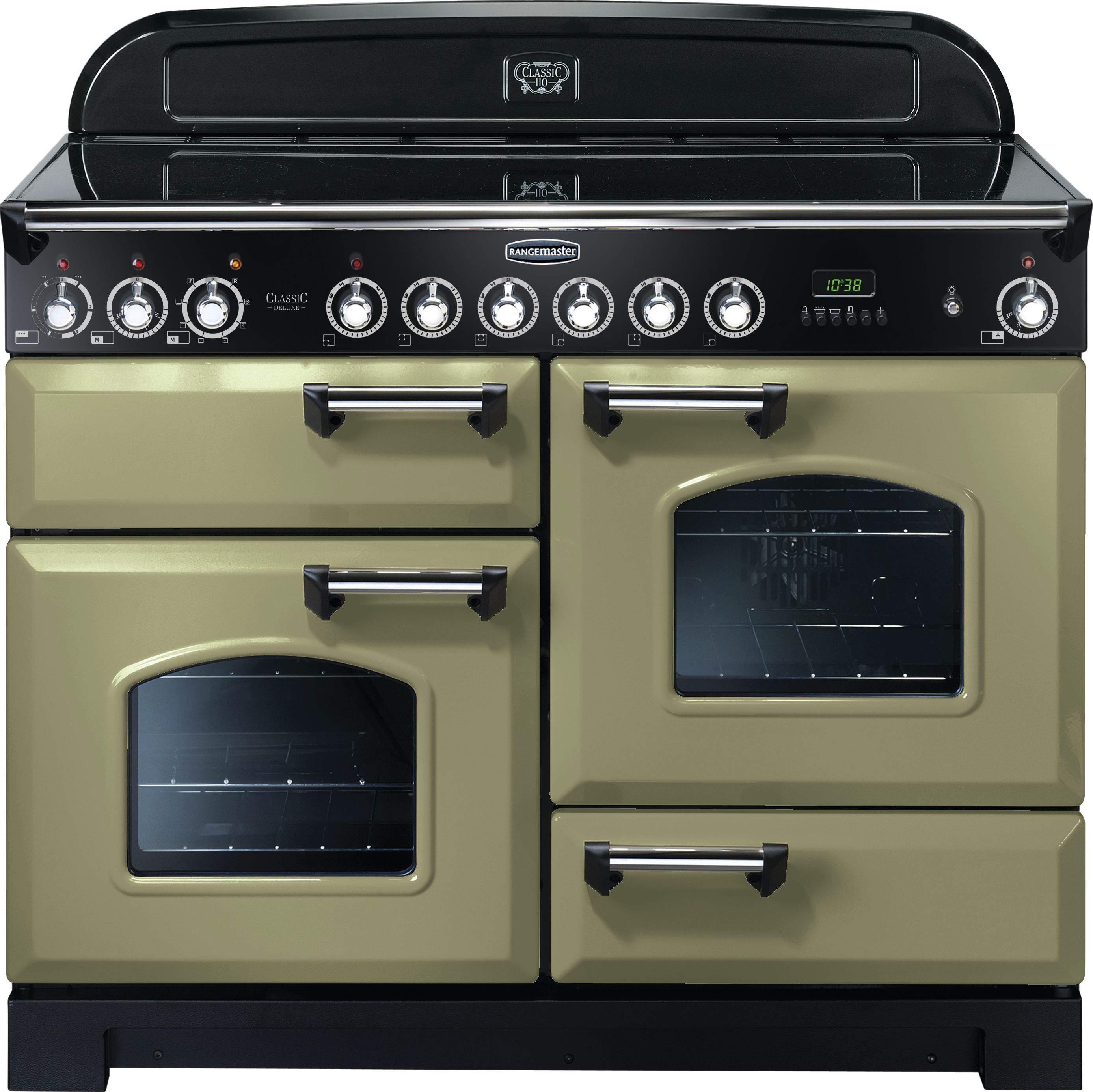 Rangemaster Classic Deluxe CDL110ECOG/C 110cm Electric Range Cooker with Ceramic Hob - Olive Green / Chrome - A/A Rated, Green