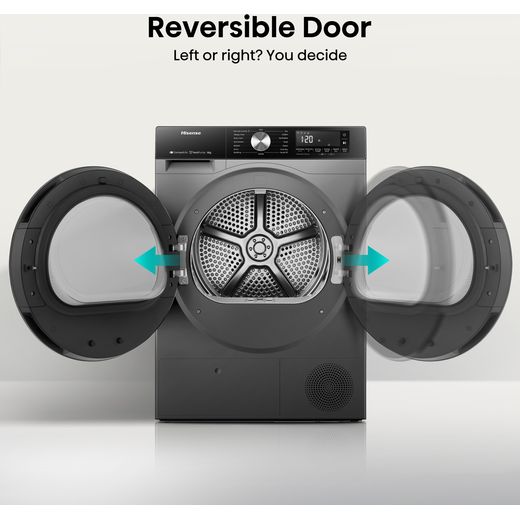 Hisense 3S Series DH3S802BT2 Wifi Connected Heat Pump Tumble Dryer - Titanium - Annotation - Reversible door