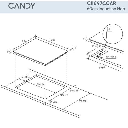 Candy Idea CII647CCAR 59cm Induction Hob - dimensions